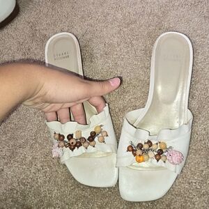 Stuart Weitzman Cream Seashell Mules Sandal Kitten Heel